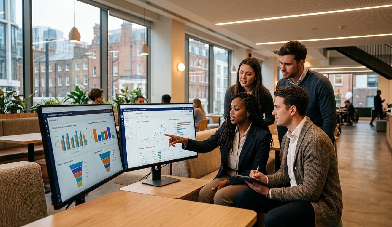 Revenue operators reviewing outreach performance on screens in a premium workspace, cinematic editorial style